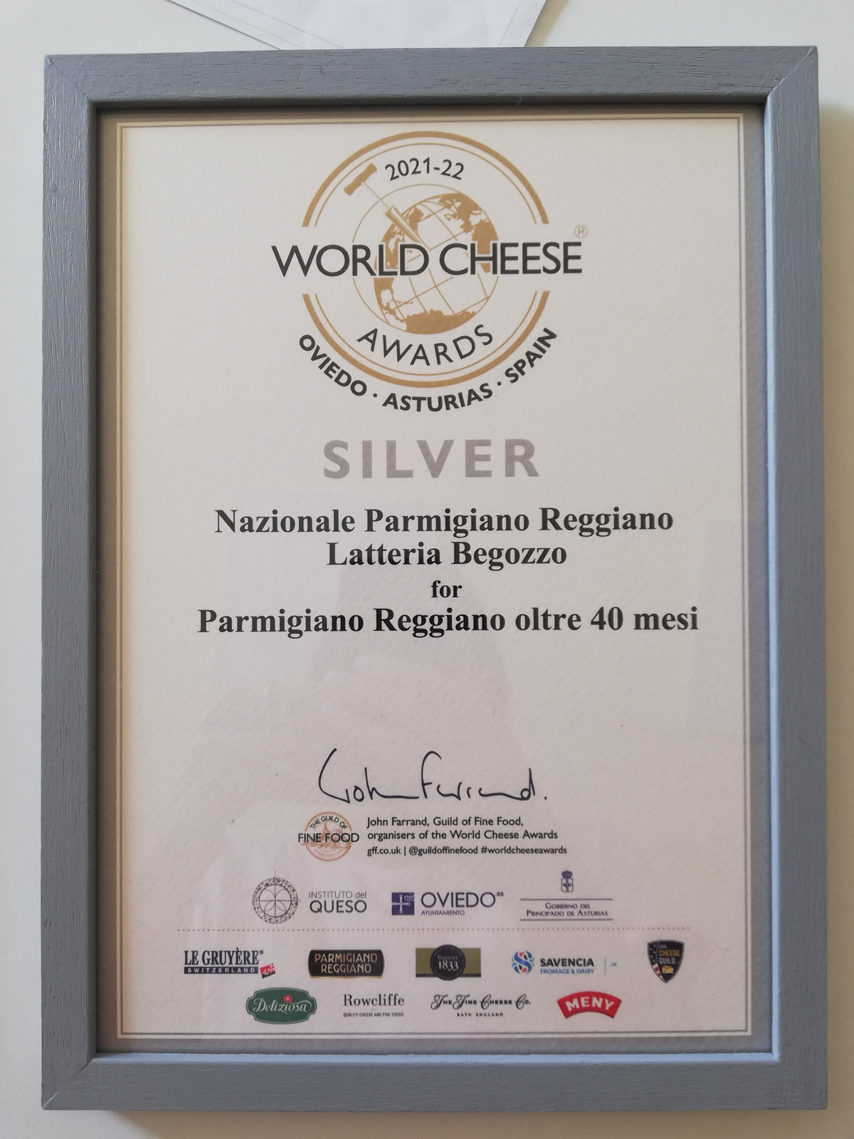 Attestato World Cheese Awards 2021-22, Silver